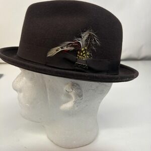 Scala Hat Fedora Fitted Mens Medium Brown Wool Felt Feather Dress Classic Trilby